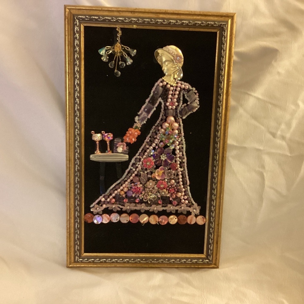 Hand crafted repurposed vintage broken jewelry art woman long dress purple pink